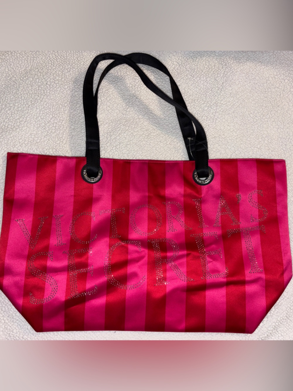 Victoria's Secret Hot Pink and Red satin Striped Tote with rhinestones